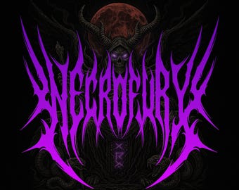 May include: A digital illustration featuring the word "NECROFURY" in a spiky, purple font. The image includes a skull with glowing purple eyes, horns, and a hooded cloak, set against a dark background with a red moon.