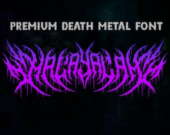 May include: A digital graphic with the text "PREMIUM DEATH METAL FONT" in white, above a stylized purple font. The purple font has sharp, jagged edges and a dripping effect, set against a dark background.