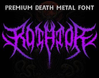 May include: A black background with the words "PREMIUM DEATH METAL FONT" in white. The word "BROODCORE" is in a spiky, purple font. Two snakes are at the bottom, and a red, demonic face is at the top.