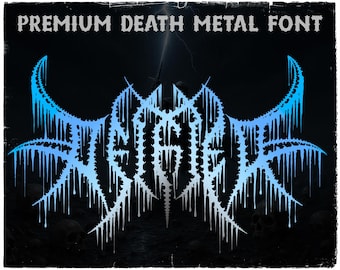 May include: A black background with the text "PREMIUM DEATH METAL FONT" in a distressed, silver font. The central design is a stylized, icy blue and white logo with sharp, dripping icicle-like elements.