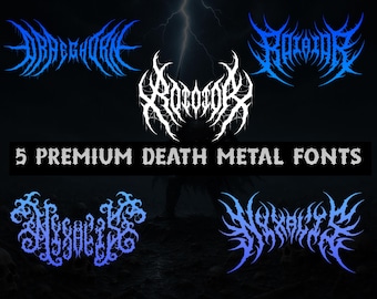 May include: An image showcasing five unique death metal fonts in a dark, dramatic setting. The fonts are displayed in shades of blue and white, with intricate, spiky designs. The text "5 PREMIUM DEATH METAL FONTS" is also visible.