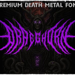 Pode incluir: Ilustra&ccedil;&atilde;o escura com uma figura encapuzada, rosto de caveira e olhos roxos brilhantes. A palavra "DRAGGHOR" est&aacute; em letras roxas grandes e irregulares. O texto "PREMIUM DEATH METAL FONT" est&aacute; no topo.