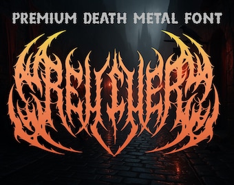 May include: A digital graphic featuring the words "PREMIUM DEATH METAL FONT" in a gothic style font. The central word is in a fiery orange gradient, with sharp, spiky edges. The background is a dark, ominous scene.