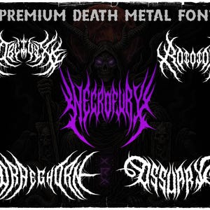 May include: An image displaying five premium death metal fonts in white and purple. The fonts are set against a dark background. The text "5 Premium Death Metal Fonts" is at the top. The central font is purple, with the others in white.
