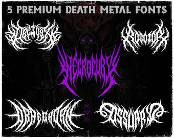 May include: An image showcasing five premium death metal fonts. The fonts are displayed in white and purple against a dark background. The text "5 Premium Death Metal Fonts" is at the top. The central font is in purple, with the others in white.
