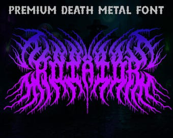 May include: A digital graphic with the text "PREMIUM DEATH METAL FONT" in a silver, gothic-style font. Below, a large, stylized word in purple and blue, resembling a death metal band logo, is centered on a dark background.