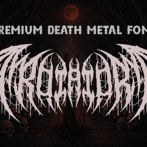 Pode incluir: Gráfico digital com o texto "PREMIUM DEATH METAL FONT" acima de uma fonte estilizada e gotejante. A fonte principal é clara, contra um fundo escuro e ominoso com uma lua vermelha e caveiras.