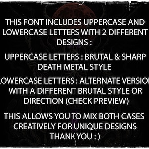 Pode incluir: Texto branco sobre fundo preto que descreve uma fonte com letras mai&uacute;sculas e min&uacute;sculas. As letras mai&uacute;sculas s&atilde;o brutais e afiadas, em estilo death metal. As letras min&uacute;sculas t&ecirc;m um estilo brutal alternativo. O texto incentiva o design criativo.
