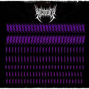 Pode incluir: Um fundo preto com o texto branco "NECROFURY" no topo. Abaixo, fileiras de caracteres e letras roxas estilizadas, que se assemelham a uma fonte g&oacute;tica ou heavy metal. A imagem tem uma apar&ecirc;ncia envelhecida.