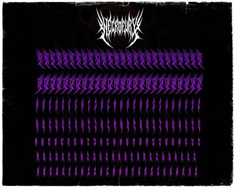 Pode incluir: Um fundo preto com o texto branco "NECROFURY" no topo. Abaixo, fileiras de caracteres e letras roxas estilizadas, que se assemelham a uma fonte g&oacute;tica ou heavy metal. A imagem tem uma apar&ecirc;ncia envelhecida.