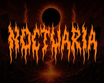 May include: Orange, flame-style text that reads "NOCTUARIA" against a dark, fiery background. The background features a black eclipse and a river of lava. The overall theme is dark and ominous.