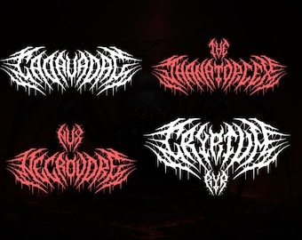 May include: Four stylized logos in white and red against a dark background. The logos feature gothic lettering, with the names "GAVAVADALE", "THANATODECIDE", "NECROUDAGE", and "CRYPTOME" displayed in a sharp, spiky font. The overall aesthetic is dark and edgy.