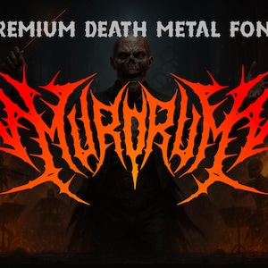 Pode incluir: Um design digital com o texto "PREMIUM DEATH METAL FONT" acima de uma marca denominativa estilizada em laranja e vermelho fogo. O fundo retrata uma cena escura e ominosa com figuras esqueléticas e uma figura semelhante a um zumbi.