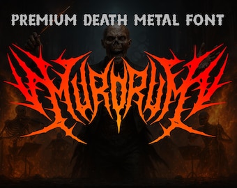 May include: A digital design featuring the text "PREMIUM DEATH METAL FONT" above a stylized, fiery orange and red wordmark. The background depicts a dark, ominous scene with skeletal figures and a zombie-like figure.