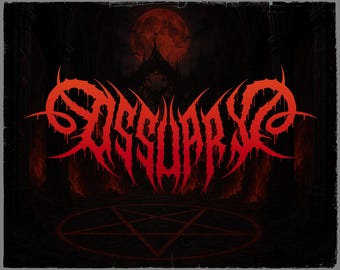 May include: A digital illustration featuring the word "Ossuary" in a stylized, red, gothic font. The background is dark with a red moon, a castle silhouette, and a pentagram.