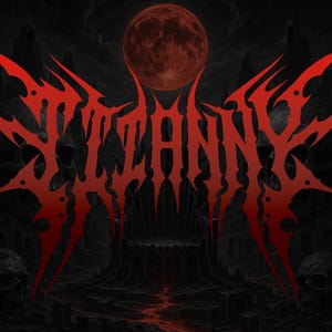 May include: A digital illustration featuring the word "Satanic" in a stylized, red, gothic font. The background is dark with a red moon, skulls, and a hellscape.