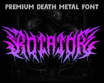 May include: A digital graphic featuring the words "PREMIUM DEATH METAL FONT" in a gothic font above the word "PROCRATOR" in a stylized, dripping, purple and blue font. The background is dark with a three-headed serpent.