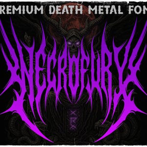 Pode incluir: Ilustra&ccedil;&atilde;o digital com a palavra "NECROFURY" em roxo vibrante, com uma fonte g&oacute;tica. A imagem apresenta uma caveira, chifres e serpentes sobre um fundo escuro, com o texto "PREMIUM DEATH METAL FONT" no topo.