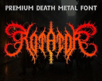 May include: A digital graphic featuring the words "PREMIUM DEATH METAL FONT" in a gothic style font. The central word is in a fiery orange and red color, with a thorny, spiky design. The background is dark, suggesting a medieval or fantasy theme.