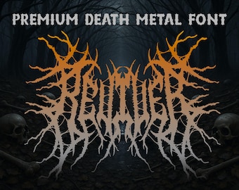 May include: A digital graphic featuring the text "PREMIUM DEATH METAL FONT" above a stylized word in orange and white. The background is a dark forest scene with skulls and bones.