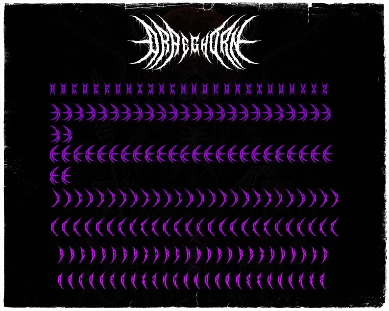 Pode incluir: Fundo preto com o texto branco "DRAGGHORIE" em uma fonte g&oacute;tica. Abaixo, fileiras de s&iacute;mbolos e caracteres roxos. O design geral tem uma est&eacute;tica grunge e envelhecida.
