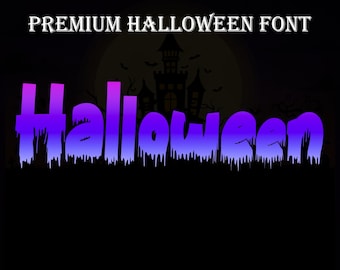 May include: A digital graphic with the words "PREMIUM HALLOWEEN FONT" in white, above the word "Halloween" in purple and blue gradient, with a dripping effect. A silhouette of a haunted house and bats are in the background.