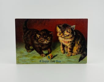 Antique 1908 New Year Postcard | Two Kittens with Spool | Embossed Lithograph