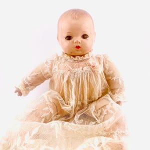 1930s–40s Madame Alexander &quot;Pinky&quot; Composition Baby Doll | Sleep Eyes, Original Lace Gown with Tag