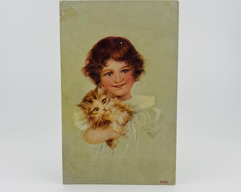 Girl with Kitten Antique Postcard - 1908 Franklin Stamp, Mailed 1910s