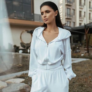 Velour Two-Piece Lounge Set with Embroidery | Plush Tracksuit for Women | Soft Hoodie and Pants | Cozy Homewear or Gift Idea