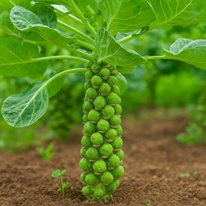 May include: A close-up shot of a Brussels sprout plant growing in brown soil. The plant has a central stalk covered in small, green Brussels sprouts. Large, green leaves surround the stalk, with a blurred green background.