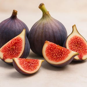 May include: Close-up of fresh figs, some whole and some sliced. The figs have a deep purple skin and vibrant red flesh. The image highlights the texture and color contrast of the fruit, showcasing its natural beauty. The figs are arranged on a light-colored surface.
