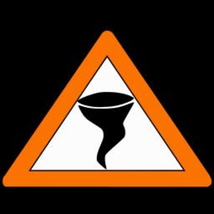 Puede incluir: Señal de advertencia triangular naranja y blanca con un símbolo de tornado negro. La señal advierte sobre el peligro potencial de un tornado.