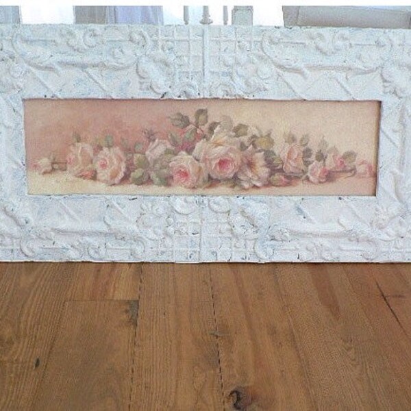 Antique Ceiling Tin Framed Yardlong REPASY White Shabby Roses