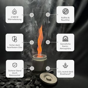 May include: A modern, smokeless fireplace with a tall glass cylinder and a vibrant orange flame. The base is gray, and a round, gray lid sits nearby. The image includes text in German, highlighting features like 2,500 W heat output and a safe, concrete base.