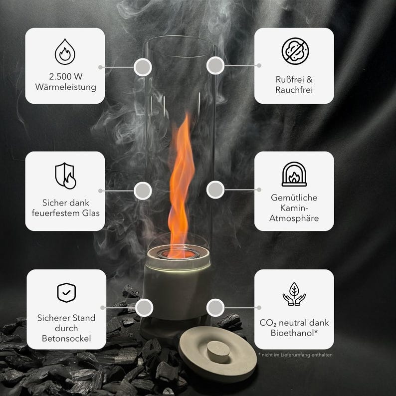May include: A modern, smokeless fireplace with a tall glass cylinder and a vibrant orange flame. The base is gray, and a round, gray lid sits nearby. The image includes text in German, highlighting features like 2,500 W heat output and a safe, concrete base.