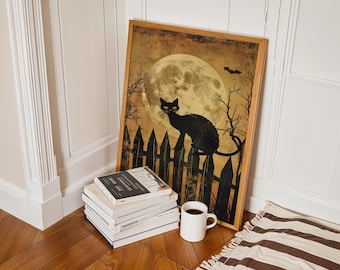 Retro Halloween Cat Print, Spooky Black Cat, Pumpkin Painting (PNG A4)