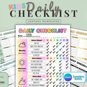 Op de afbeelding: Een kleurrijke dagelijkse checklist voor kinderen met de titel "Daily Checklist" in grote letters. De checklist bevat secties voor activiteiten voor school, ochtend, middag en voor het slapengaan. Ontworpen om kinderen te helpen een dagelijkse routine op te bouwen.