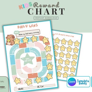 May include: A printable kids' reward chart with the text "KIDS Reward CHART" and "INSTANT DOWNLOAD". The chart features a game board design with star stickers and the text "DAILY WINS". Includes a separate sheet of star stickers.