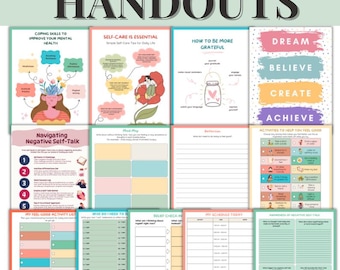 May include: A collection of printable self-help handouts with the text "Positive Self Talk Handouts". The handouts cover topics like self-care, gratitude, and navigating negative self-talk. The color palette includes pastel shades of pink, blue, and green.