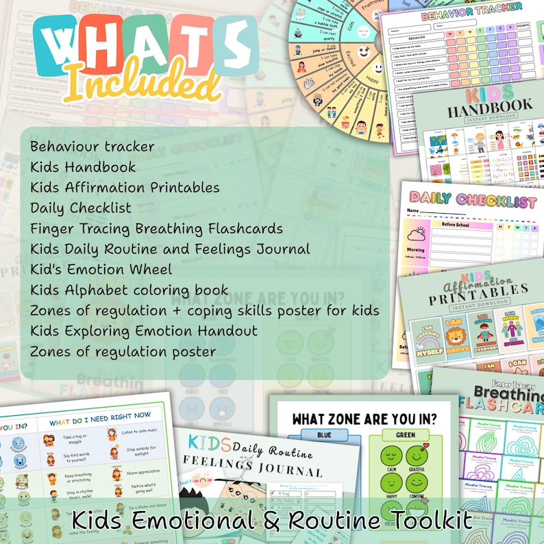 Kids Printable Bundle, Feelings Wheel, Behavior Chart, Coloring Book ...
