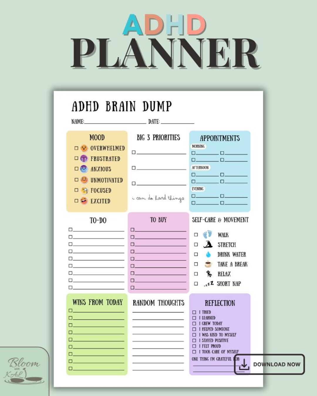 ADHD Planner Printable: Daily Focus and Mental Health Organizer ...