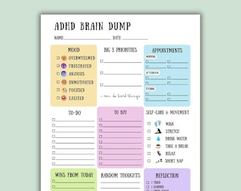 Op de afbeelding: ADHD-planner met secties voor stemming, prioriteiten, afspraken, takenlijsten en zelfzorg. De planner bevat prompts voor reflectie en een sectie voor willekeurige gedachten. De tekst "ADHD PLANNER" staat bovenaan.