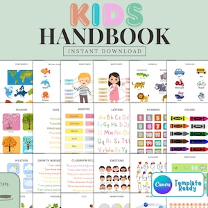 May include: A colorful kids' handbook with educational topics like continents, body parts, animals, and colors. The cover reads "KIDS HANDBOOK INSTANT DOWNLOAD". The handbook includes illustrations of the alphabet, numbers, and weather.