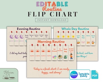 Editable Routine Flip Chart for Kids, Daily Chore Chart, Morning Evening Bedtime Visual Schedule, Kids Responsibility Chart, Back to School