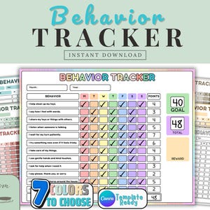 Könnte beinhalten: Ein farbenfroher Verhaltenstracker mit den Worten "Behavior TRACKER" oben. Der Tracker enthält Abschnitte für Monat, Jahr und spezifisches Verhalten. Es gibt auch die Option "7 COLORS TO CHOOSE" und ist "Canva Template Ready."