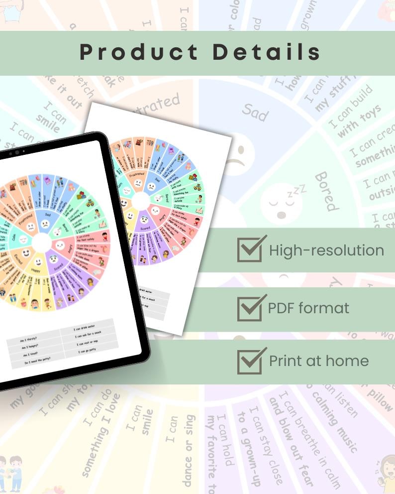Kids Emotion Wheel Printable | Emotions Chart for Classroom or Therapy