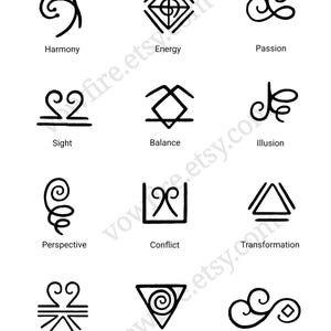 Puede incluir: Impresión blanca con doce símbolos negros y sus palabras asociadas: Armonía, Energía, Pasión, Vista, Equilibrio, Ilusión, Perspectiva, Conflicto, Transformación, Sueño, Verdad y Resonancia. Los símbolos son diseños abstractos.