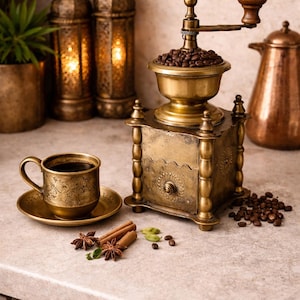 May include: An antique brass coffee grinder with a wooden handle, filled with coffee beans, sits next to a matching cup and saucer filled with coffee. Cinnamon sticks and star anise are arranged nearby, suggesting a warm beverage.