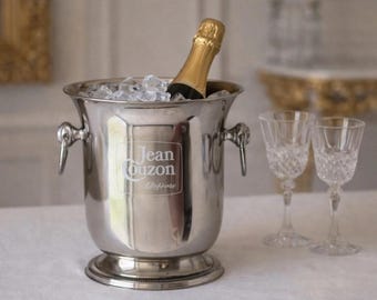 Luxe champagnekoeler – Jean Couzon Goldsmith – Gepolijste roestvrijstalen ijsemmer – Frans servies voor bar en entertainment